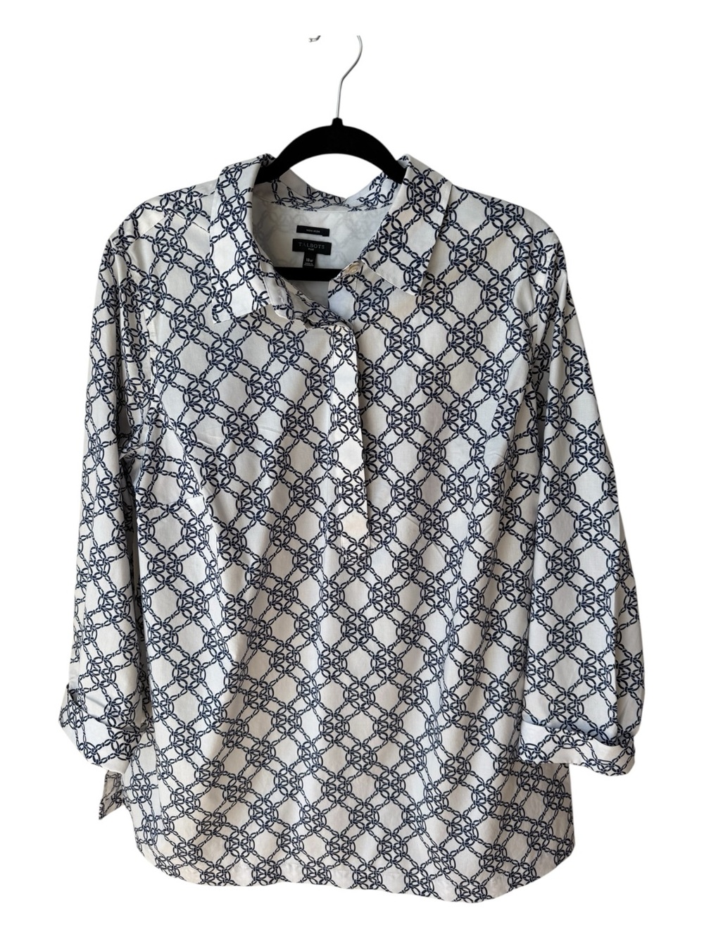 Talbots Navy and White Chain-Link Print Button-Down Shirt